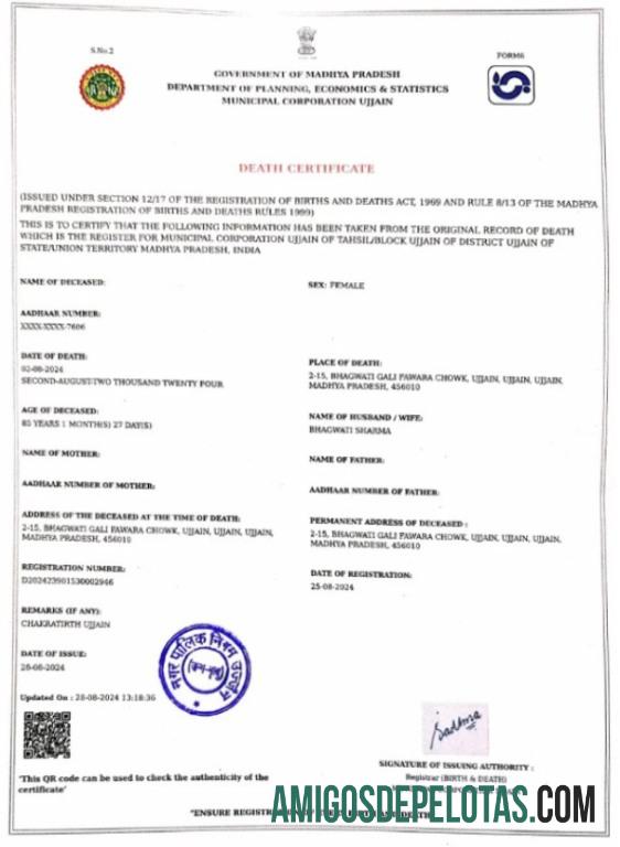 Certidão de óbito do governo da Índia de Madhya Pradesh exemplo real